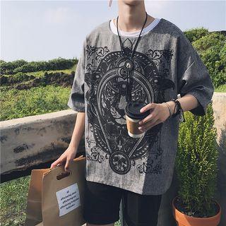 Lion Print Elbow Sleeve T-shirt