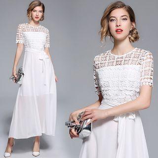 Lace Panel Short Sleeve Midi Chiffon Dress