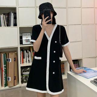 Short-sleeve Double-breasted Blouse / Mini A-line Dress