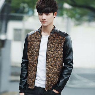 Jacquard Panel Faux Leather Jacket