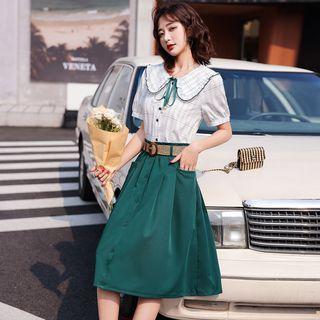 Set: Short-sleeve Plaid Blouse + Plain Midi A-line Skirt