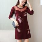 Mesh Panel Embroidered Long-sleeve Knit Dress