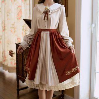 Long-sleeve Ruffled Collar Blouse / Floral Embroidered Midi A-line Lace Skirt / Set