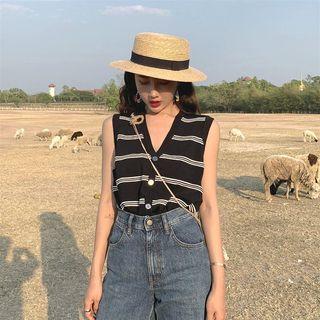 Striped V-neck Loose-fit Sleeveless Top