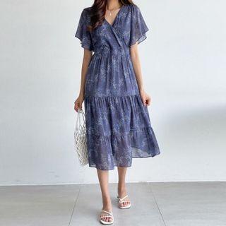 Bell-sleeve Patterned Chiffon Dress