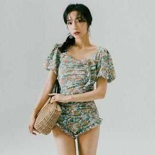 Puff Sleeve Scoop Neck Floral Ruffled Swimsuit