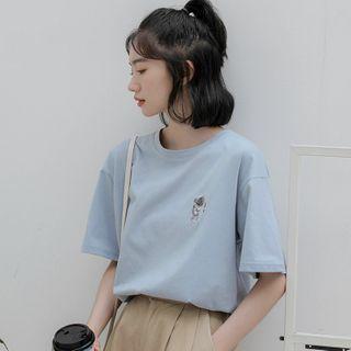Astronaut Embroidered Short-sleeve T-shirt Blue - One Size