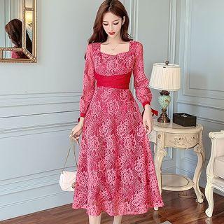 Tie-cuff Long-sleeve Midi A-line Lace Dress