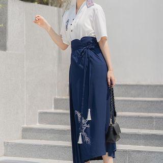 Short-sleeve Floral Embroidered Shirt / Embroidered Midi A-line Skirt / Scarf / Set