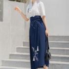 Short-sleeve Floral Embroidered Shirt / Embroidered Midi A-line Skirt / Scarf / Set