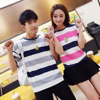 Couple Matching Giraffe Embroidered Striped Elbow Sleeve T-shirt