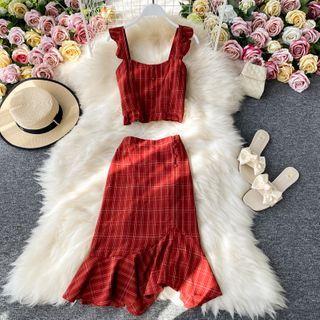 Set: Gingham Cropped Tank Top + Gingham Mermaid Dress