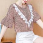 Elbow-sleeve Frill Trim Gingham Top As Shown In Figure - One Size