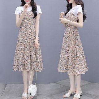 Short-sleeve Mock Two-piece Flower Print A-line Dress