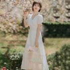 Puff-sleeve V-neck Textured Midi A-line Dress