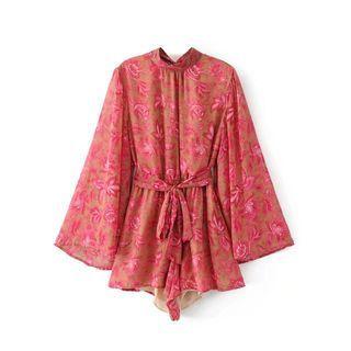 Flared-sleeve Flower Print Romper