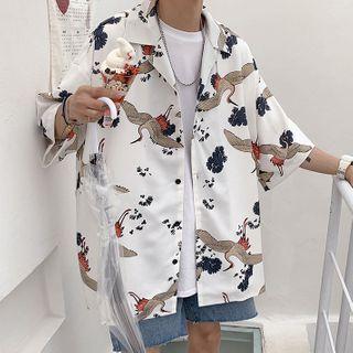 Short-sleeve Crane Print Loose-fit Shirt