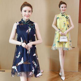 Sleeveless Embroidered Mandarin Collar Dress