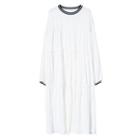 Contrast Trim Long-sleeve Tiered Midi Dress
