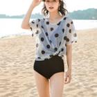 Set: Ruffle Swimsuit + Short-sleeve Dotted Cover Up