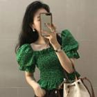 Puff-sleeve Leopard Print Blouse Green - One Size