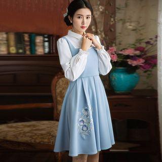 Mock Two Piece Long-sleeve Embroidered Dress