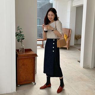 Buttoned Pinstriped Long Wrap Skirt