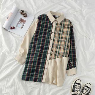Long-sleeve Plaid Panel Button-down Shirt As Shown In Figure - One Size