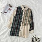Long-sleeve Plaid Panel Button-down Shirt As Shown In Figure - One Size