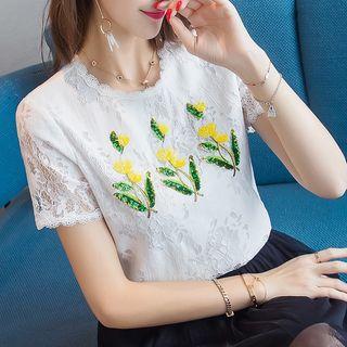 Sequined Short-sleeve Lace Top