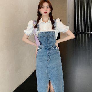 Puff-sleeve Shirt / Fitted Denim Midi Pinafore Dress
