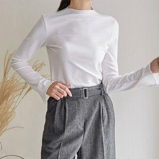 Mock-neck Slit-cuff Napped T-shirt