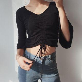 Plain V-neck Drawcord 3/4-sleeve Knit Top