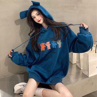 Ear-accent Bear-print Loose Hoodie