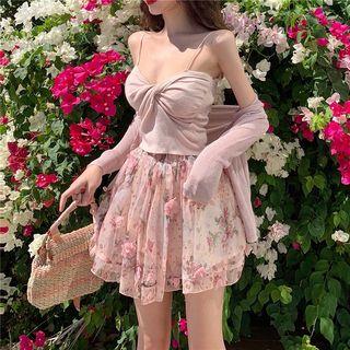 Spaghetti Strap Knit Top / Floral Shorts / Cardigan