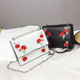 Rose Embroidered Chain Strap Shoulder Bag