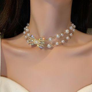 Bow Rhinestone Faux Pearl Choker Gold & White - One Size