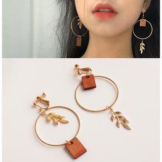 Non-matching Wooden Block & Leaf Hoop Earring