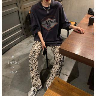 Short-sleeve Print Loose Fit T-shirt / High-waist Leopard Pants