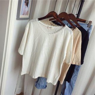 Lace Trim Short-sleeve V-neck T-shirt
