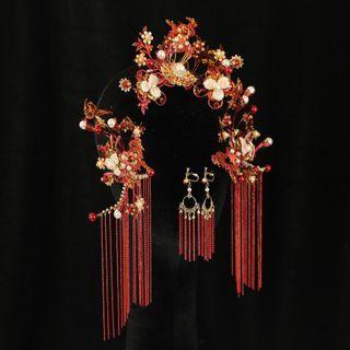 Set : Retro Wedding Branches Faux Pearl Headpiece + Fringed Earring
