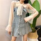 Long-sleeve Tie-neck Sheer Top / Denim Mini Pinafore Dress
