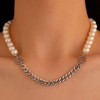 Chunky Chain Alloy Faux Pearl Choker 01 - White & Silver - One Size