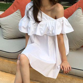 One Shoulder Ruffle Trim Short-sleeve Dress