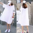 Elbow-sleeve Lettering Boxy T-shirt Dress White - One Size