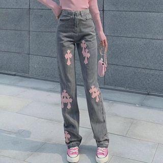 High Waist Cross Applique Straight Leg Jeans