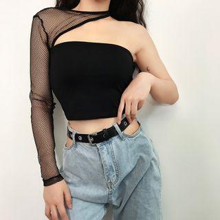 Mesh Panel One-shoulder Crop Top