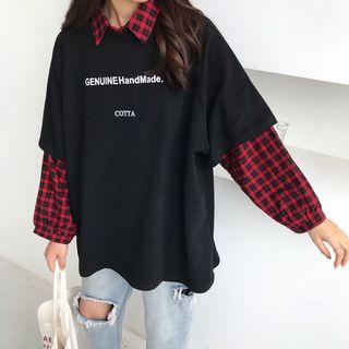 Plaid Shirt/ Lettering Elbow-sleeve T-shirt