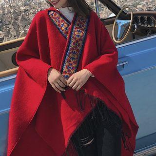 Embroidered Hooded Shawl Red - One Size