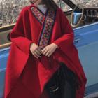 Embroidered Hooded Shawl Red - One Size